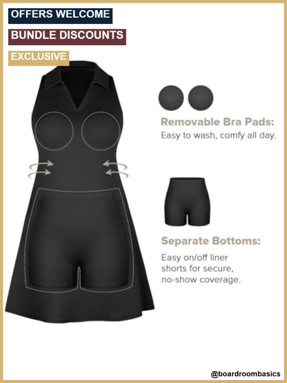Women's Golf Dress with Shorts, Built-in Bra, Pockets, Racerback, Polo Collar, - Picture 3 of 6